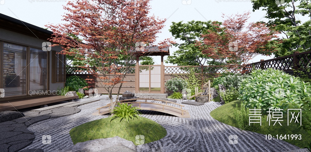 枯山水庭院景观 植物景观 木围栏 庭院门 景观石头 红枫3D模型下载【ID:1641993】
