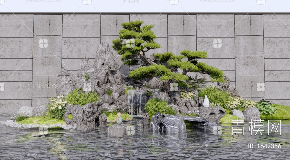 假山水景 叠水景观 石头 景观小品 水景叠石 植物松树SU模型下载【ID:1642356】