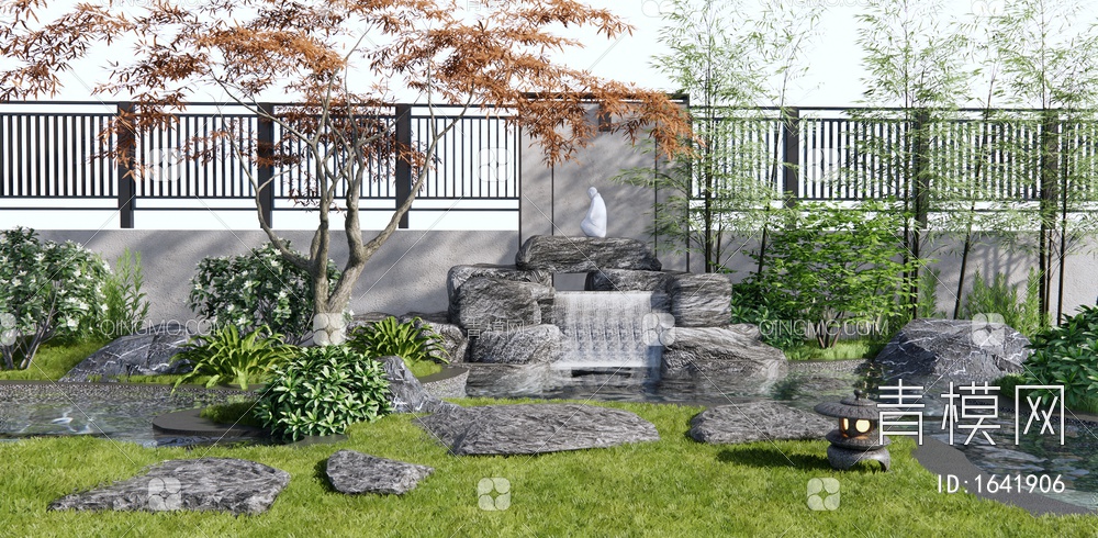 假山水景 景观石 植物景观 灌木绿植 红枫树3D模型下载【ID:1641906】