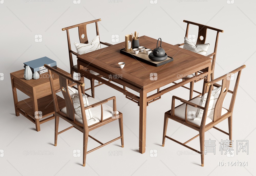 茶桌椅 八仙桌 茶具组合3D模型下载【ID:1641261】