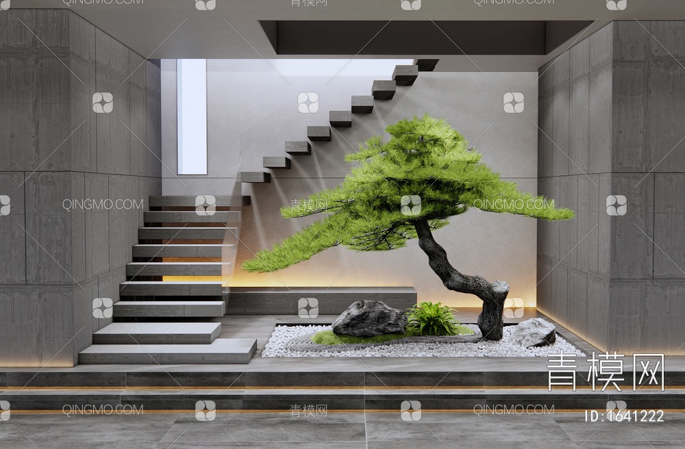 楼梯间 室内植物造景 庭院小品 松树 石头3D模型下载【ID:1641222】