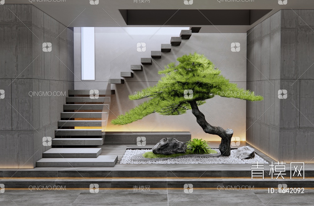 楼梯间 室内植物造景 庭院小品 松树 石头SU模型下载【ID:1642092】