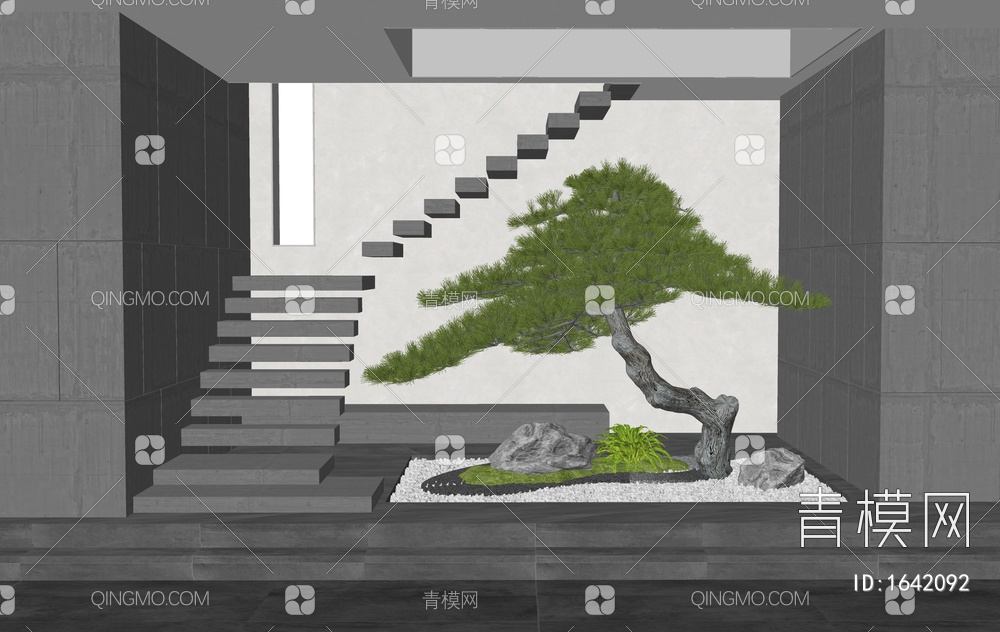 楼梯间 室内植物造景 庭院小品 松树 石头SU模型下载【ID:1642092】