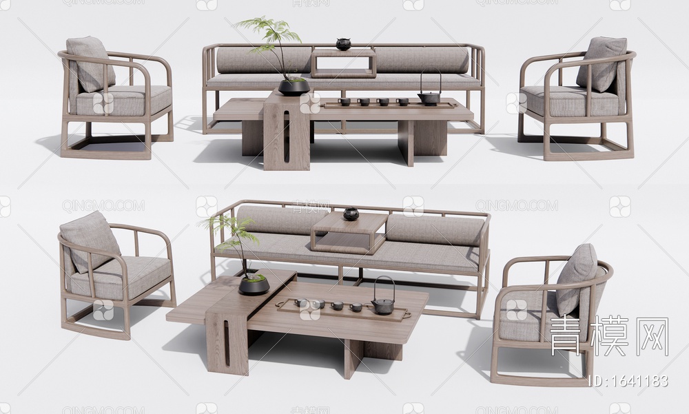 实木沙发茶几 单人沙发 罗汉床 休闲椅3D模型下载【ID:1641183】