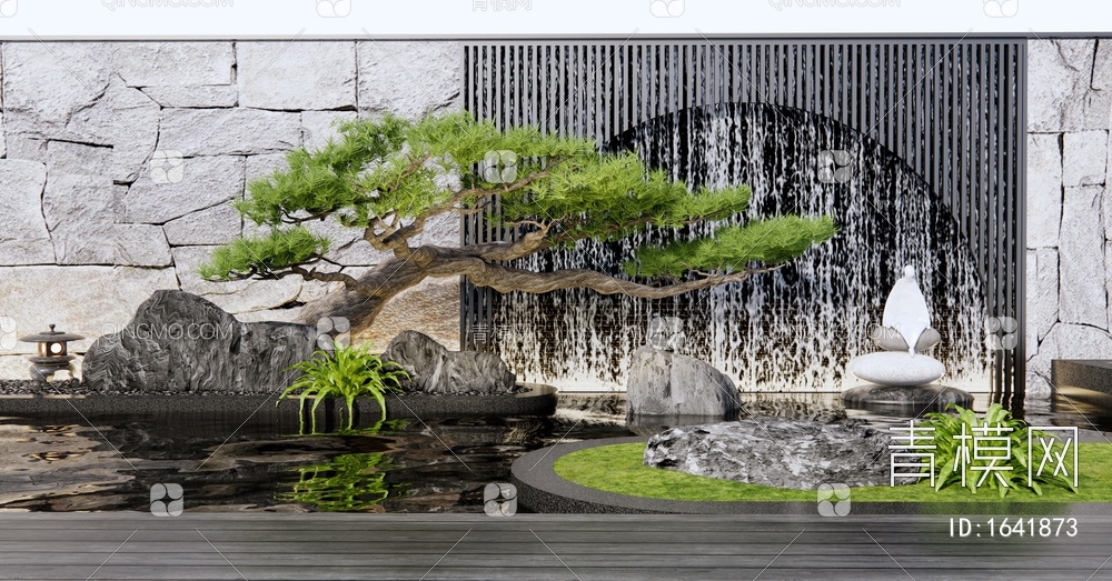 假山水景 流水景墙 跌水小品 松树 石头 景观石 庭院水景墙3D模型下载【ID:1641873】