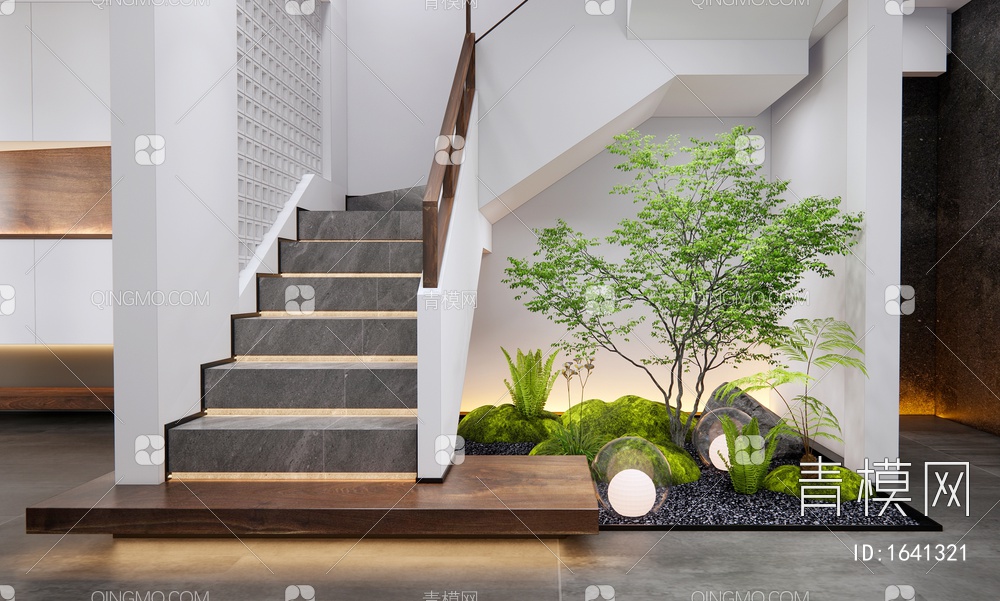 楼梯间 室内植物造景 石头 植物堆 乔木3D模型下载【ID:1641321】