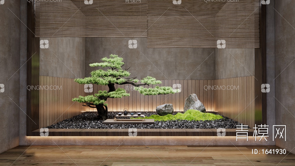 庭院小品 室内景观造景 松树盆栽 石头假山 茶台 茶室3D模型下载【ID:1641930】