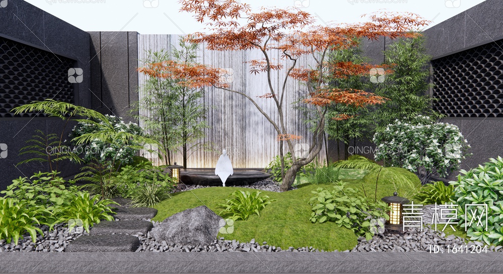枯山石庭院景观 植物景观造景 水景墙 石头 苔藓植物 砂石汀步 红枫树3D模型下载【ID:1641204】