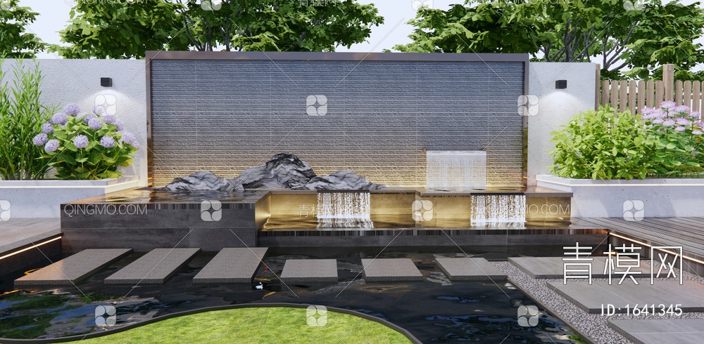 山水景墙 庭院水景墙 跌水景观 花草植物 庭院花园3D模型下载【ID:1641345】