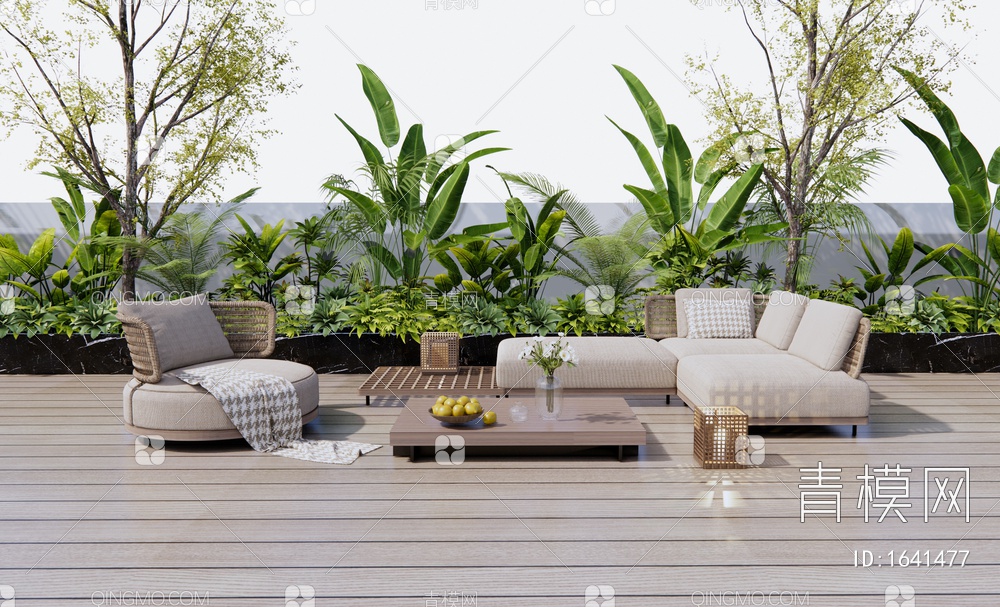 户外沙发 藤编休闲沙发 单人沙发 灌木绿植 户外植物3D模型下载【ID:1641477】