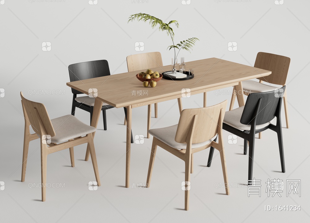 实木餐桌椅组合 原木餐桌 花瓶3D模型下载【ID:1641234】