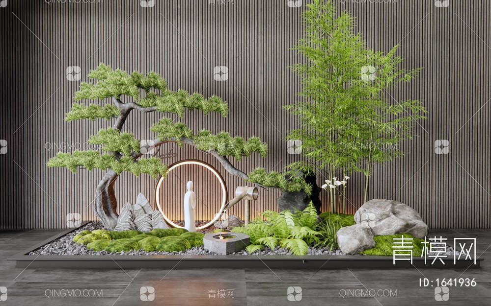 室内景观造景 庭院小品 假山石头 水钵 松树 竹子3D模型下载【ID:1641936】