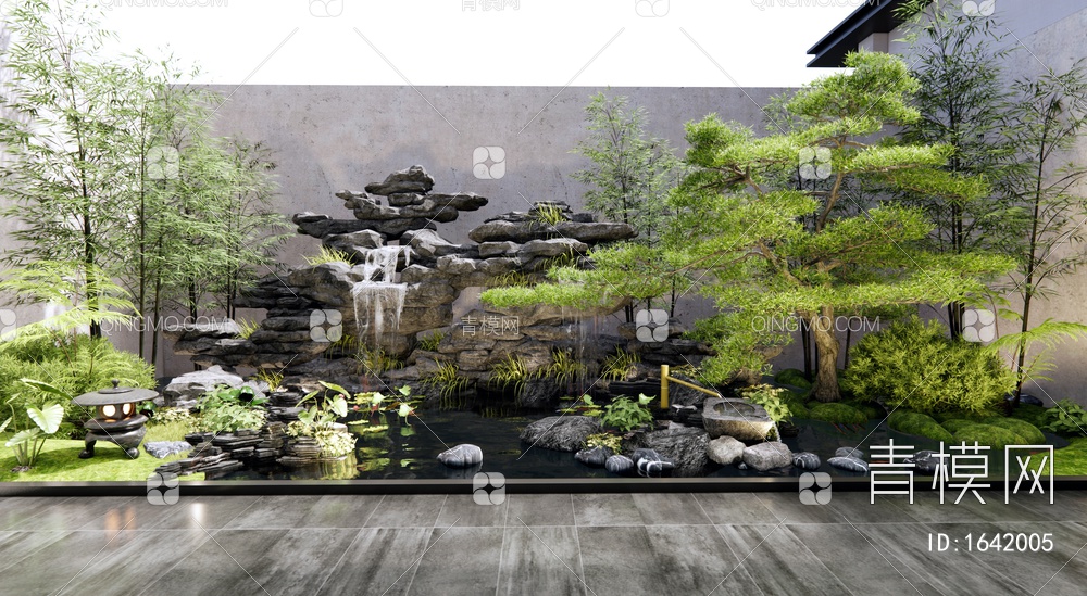 假山水景 天井室内景观造景 植物景观 石头松树小品 灌木绿植 竹子3D模型下载【ID:1642005】