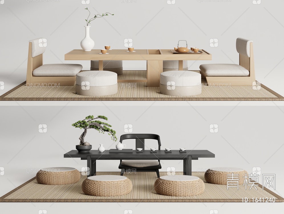 榻榻米茶台 茶桌椅组合 蒲团 茶具 盆栽3D模型下载【ID:1641240】