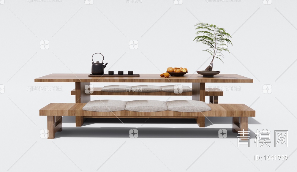 茶桌椅 原木茶桌 长凳 茶具3D模型下载【ID:1641939】