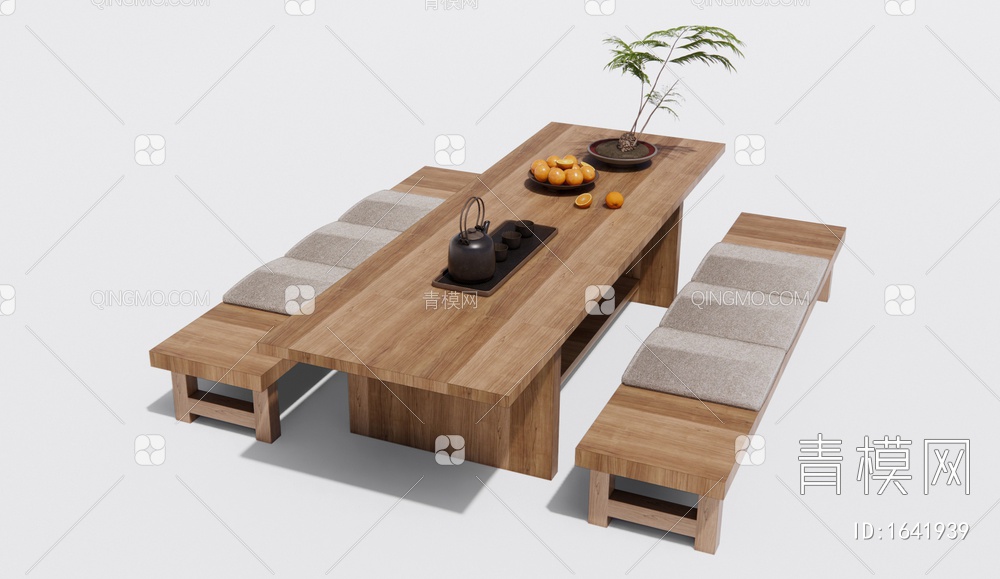 茶桌椅 原木茶桌 长凳 茶具3D模型下载【ID:1641939】
