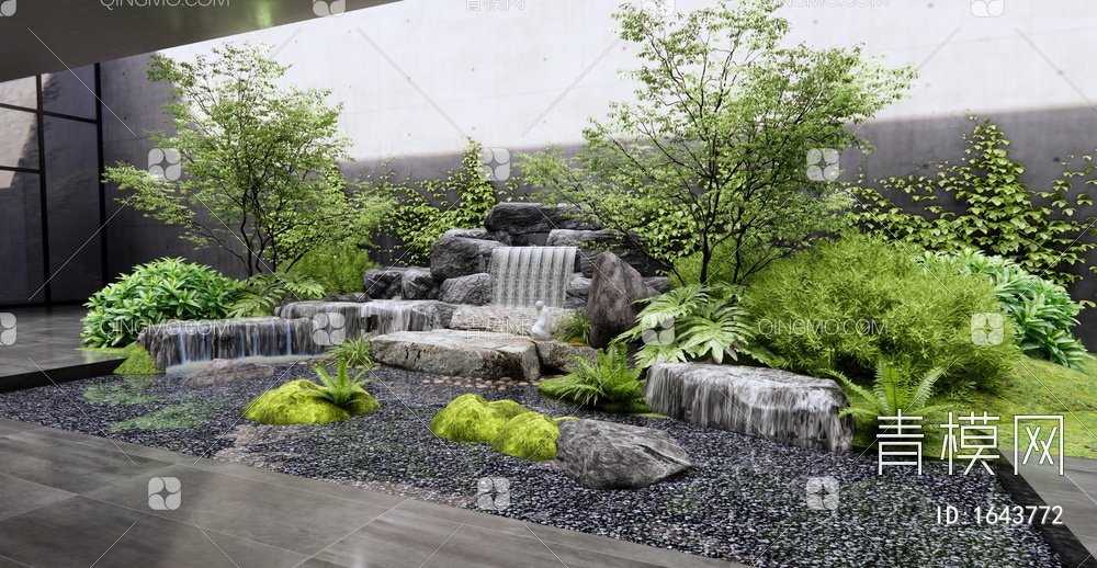 假山水景 室内景观造景 庭院小品 跌水景观 庭院水景 石头 植物堆景观3D模型下载【ID:1643772】