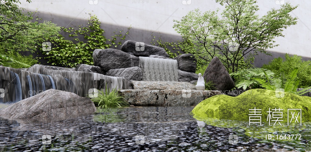 假山水景 室内景观造景 庭院小品 跌水景观 庭院水景 石头 植物堆景观3D模型下载【ID:1643772】