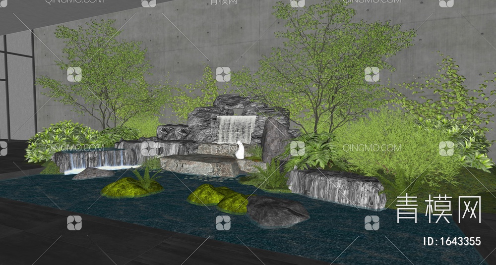 假山水景 室内景观造景 庭院小品 跌水景观 庭院水景 石头 植物堆景观SU模型下载【ID:1643355】