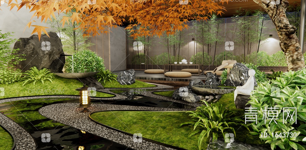 枯山水庭院景观 假山水景 景观石 水钵 红枫树 竹子 茶台3D模型下载【ID:1643730】