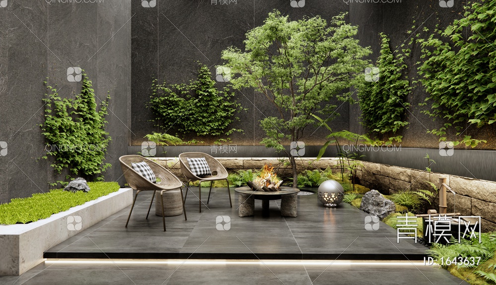 中庭天井庭院景观 下沉庭院 露台 植物堆景观 苔藓 户外桌椅3D模型下载【ID:1643637】