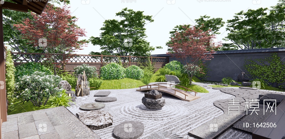 枯山水庭院景观 植物景观 木围栏 庭院门 景观石头 红枫SU模型下载【ID:1642506】