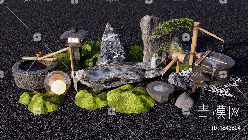 庭院水钵 景观石头 植物堆景观 枯山水3D模型下载【ID:1643604】
