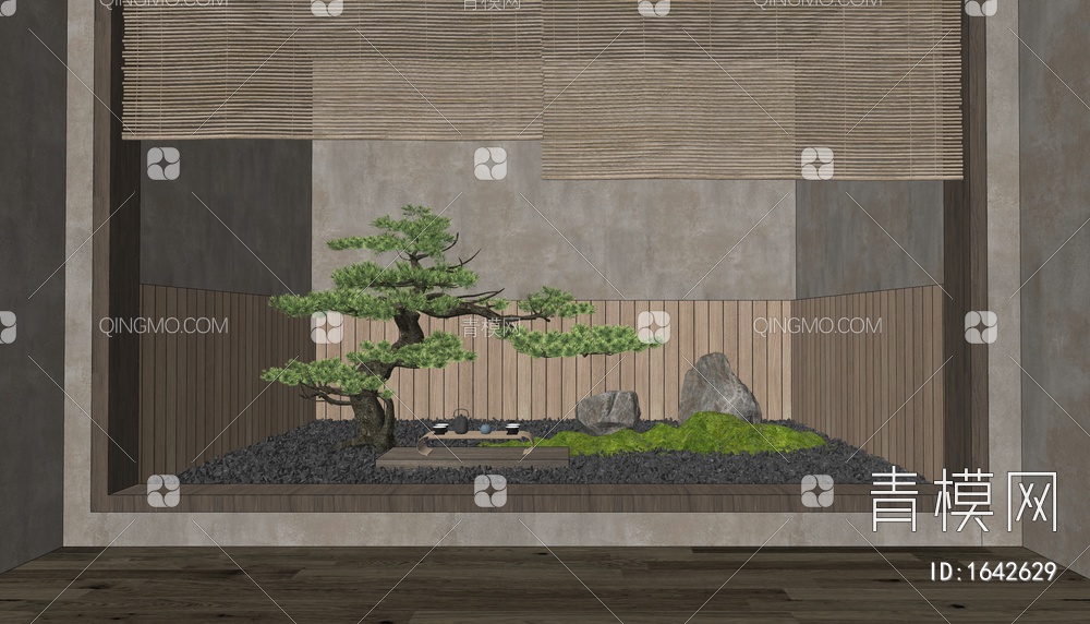 庭院小品 室内景观造景 松树盆栽 石头假山 茶台 茶室SU模型下载【ID:1642629】