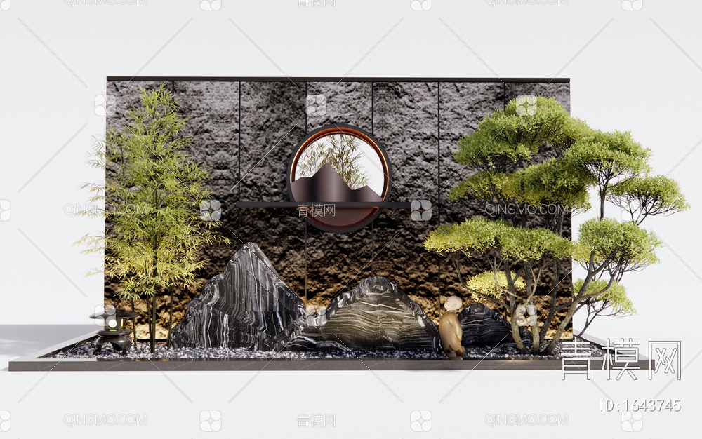 景墙 庭院景墙 入口景墙 松树3D模型下载【ID:1643745】