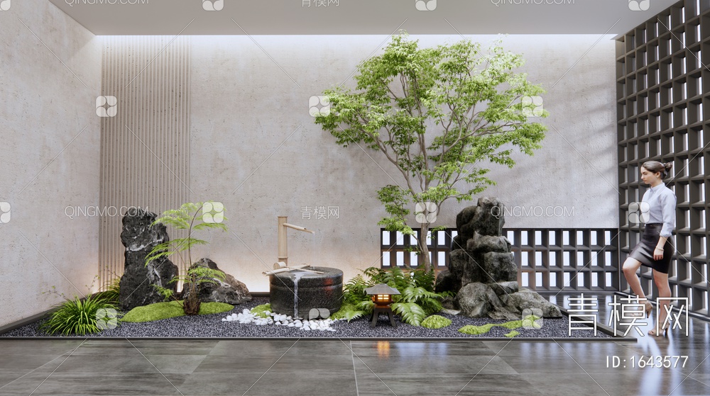 室内景观造景 庭院小品 假山水景 植物景观 石头 美女人物 水钵3D模型下载【ID:1643577】