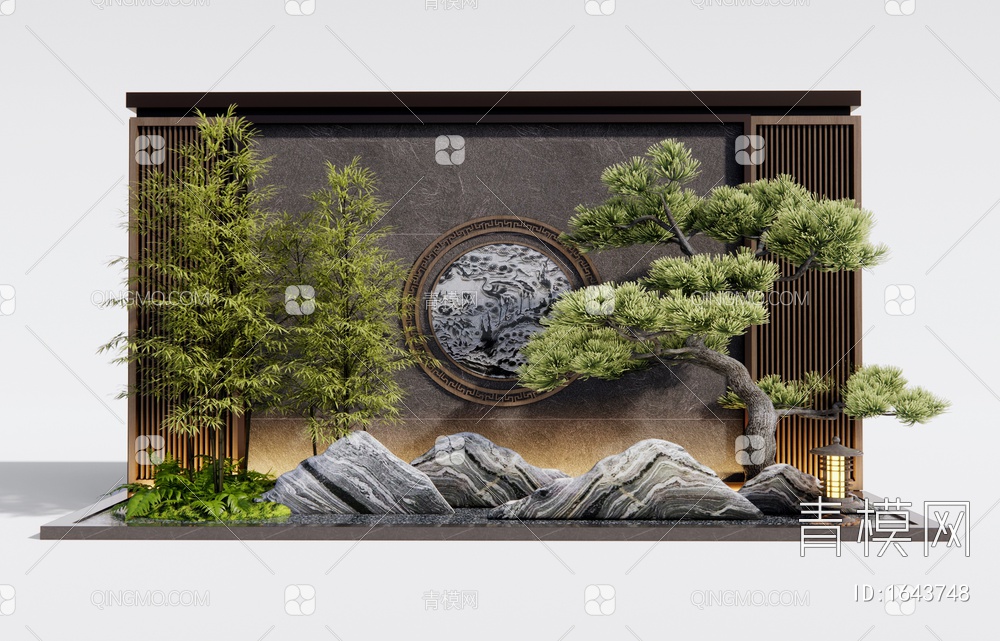 庭院景墙 入口景墙 雪花石 松树3D模型下载【ID:1643748】