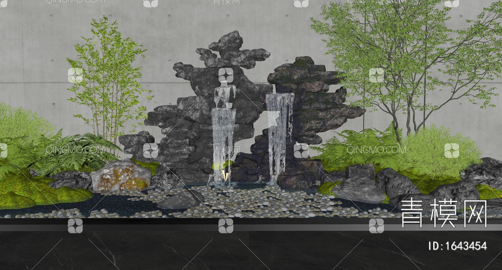 假山水景 跌水景观 假山石 植物堆 灌木 景观树SU模型下载【ID:1643454】