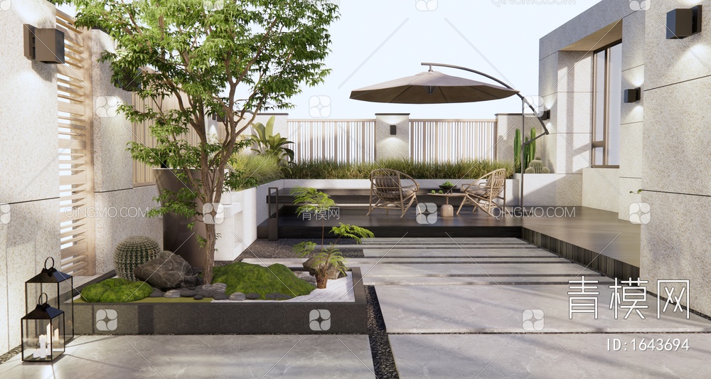 庭院景观 居家庭院 户外桌椅 花草植物 景观树 仙人掌3D模型下载【ID:1643694】