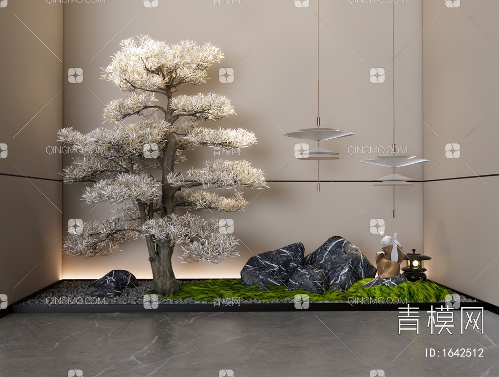室内景观造景 庭院小品 景观石头 造型松树 吊灯SU模型下载【ID:1642512】