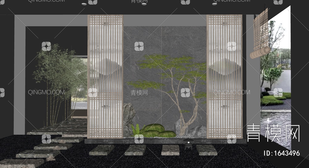 枯山水庭院小品 室内景观造景 枫树 景观石头 石板SU模型下载【ID:1643496】