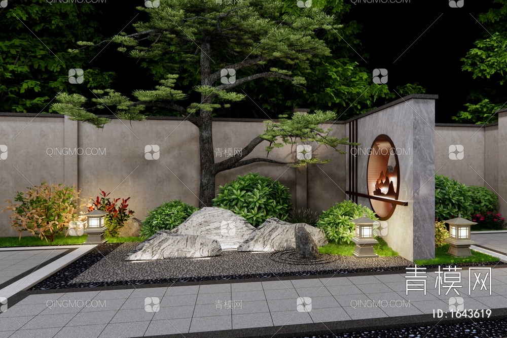 庭院景墙 景观石 园艺造景 松树3D模型下载【ID:1643619】