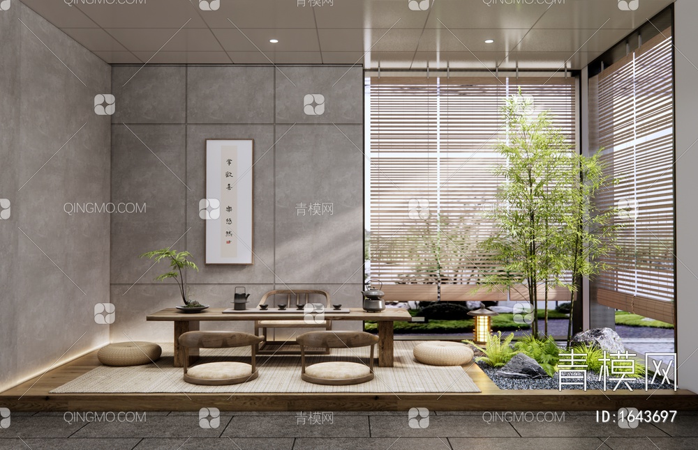 榻榻米茶室 茶桌椅 茶台 室内景观造景 植物堆景观 竹子 蕨类植物3D模型下载【ID:1643697】