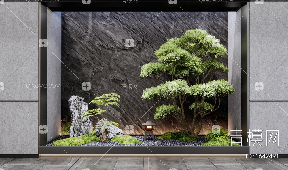 室内景观造景 庭院小品 松树 景观树 苔藓植物 假山石头SU模型下载【ID:1642491】