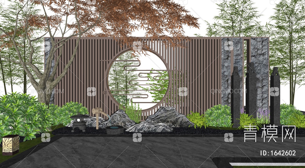 庭院景墙 植物景观 灌木绿植 石头 地灯SU模型下载【ID:1642602】