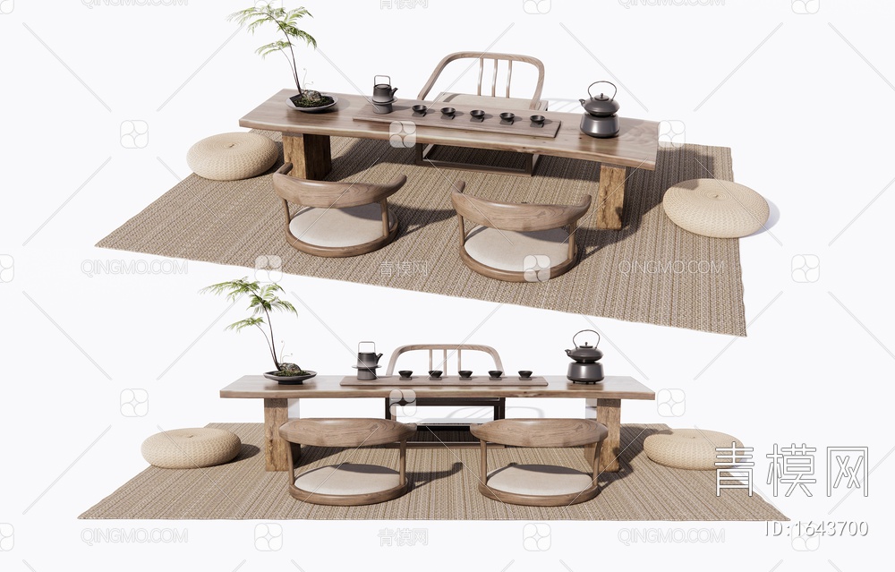 榻榻米茶桌椅 茶台 茶具摆件 坐垫椅3D模型下载【ID:1643700】