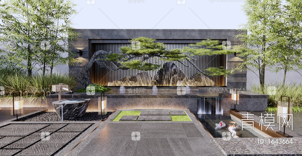 山水景墙 庭院景墙 假山水景 造型松树 草丛植物 竹子3D模型下载【ID:1643664】