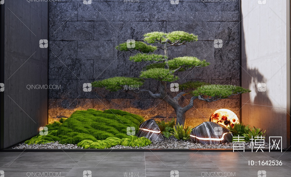 室内景观造景 庭院小品 植物堆景观 石头 松树 叠石背景墙 苔藓植物SU模型下载【ID:1642536】