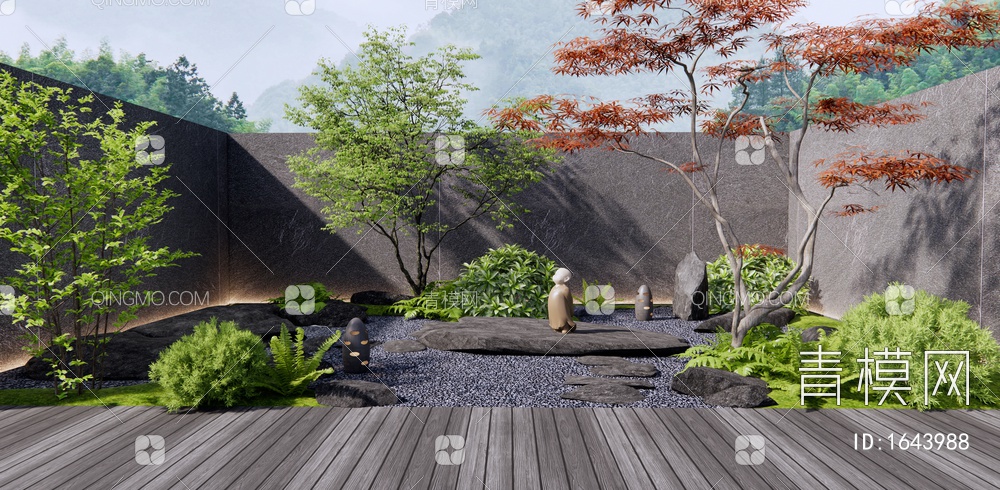 庭院景观 景观石头 植物堆 红枫树 乔木 地灯 山石庭院造景3D模型下载【ID:1643988】
