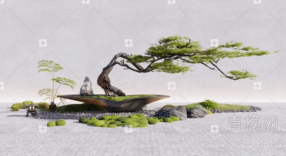 松树盆栽 迎客松盆景 石头 苔藓 园艺景观造景3D模型下载【ID:1643667】