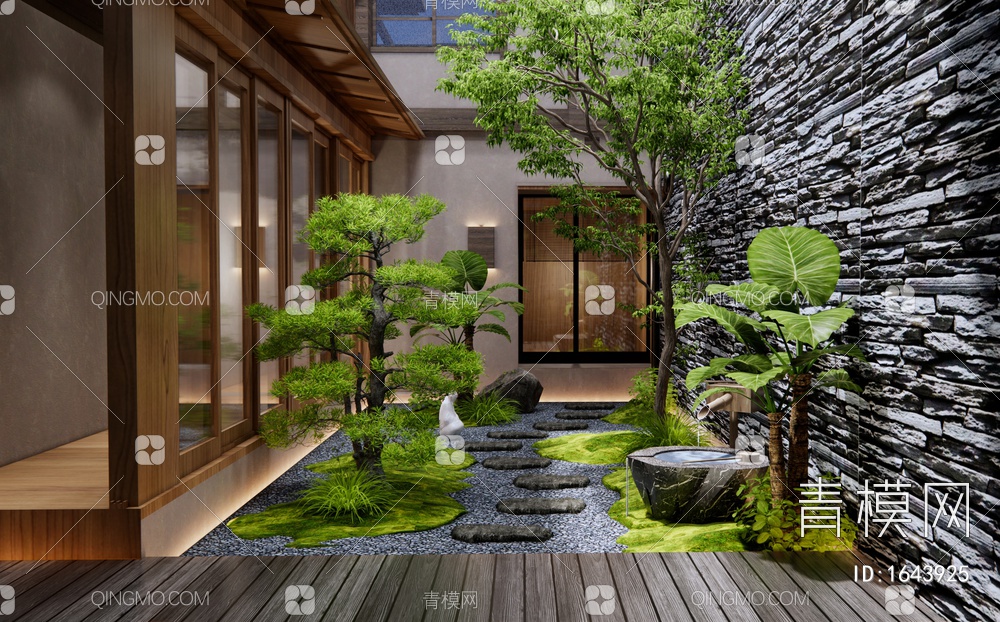 居家庭院景观 禅意园艺造景 水钵 苔藓草地 景观树3D模型下载【ID:1643925】