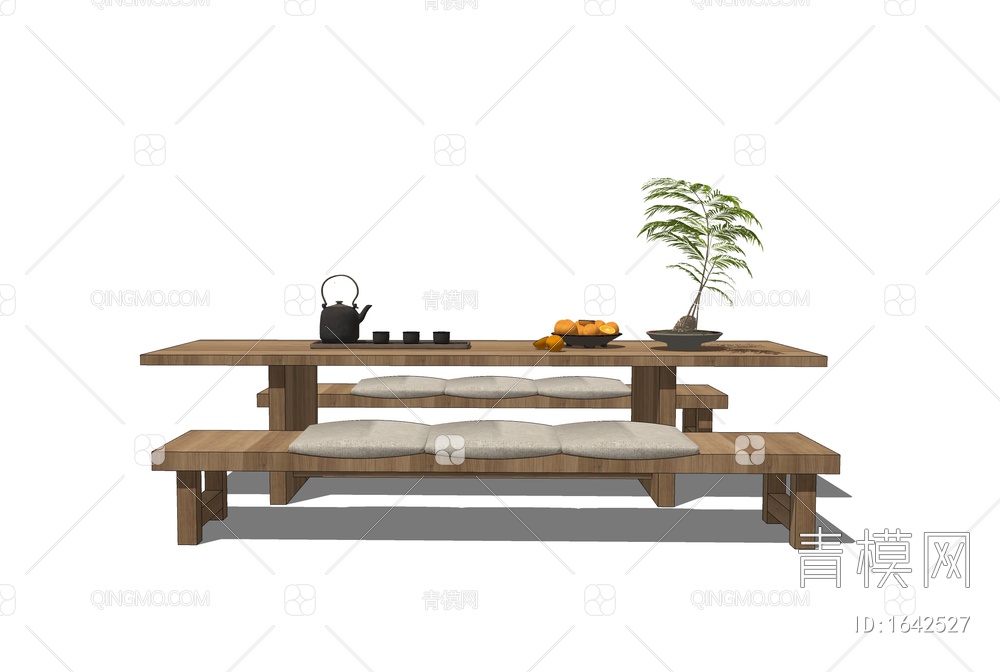 茶桌椅 原木茶桌 长凳 茶具SU模型下载【ID:1642527】