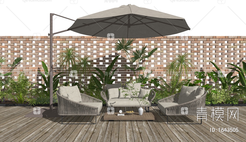 户外休闲沙发 编织沙发 灌木植物堆 红砖围墙SU模型下载【ID:1643505】