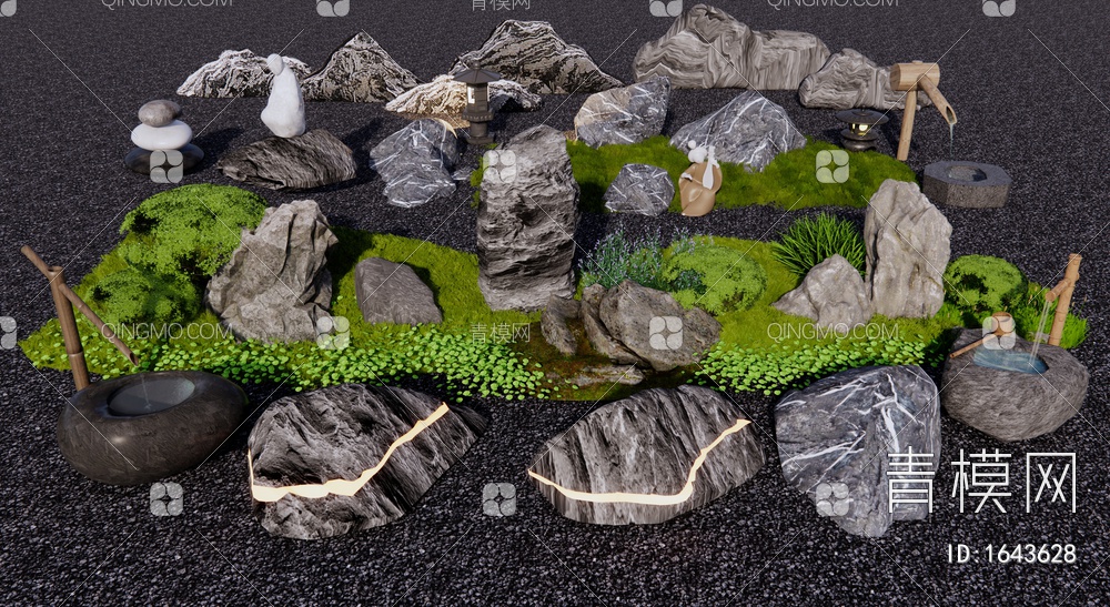 景观石头 水钵 置石 景观小品 假山 苔藓石3D模型下载【ID:1643628】