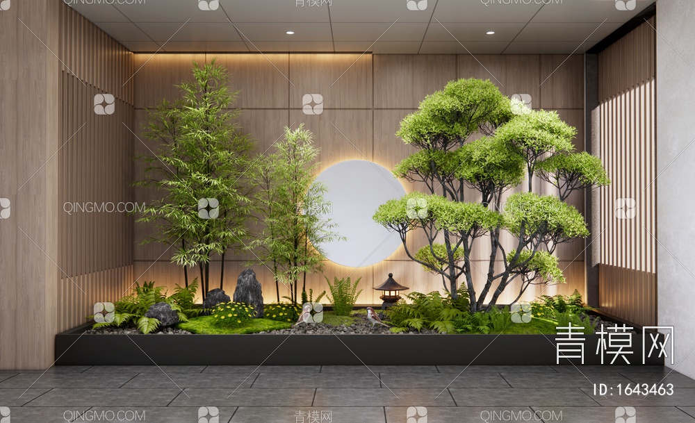 室内植物造景 庭院小品 植物堆 松树 景观石 竹子SU模型下载【ID:1643463】