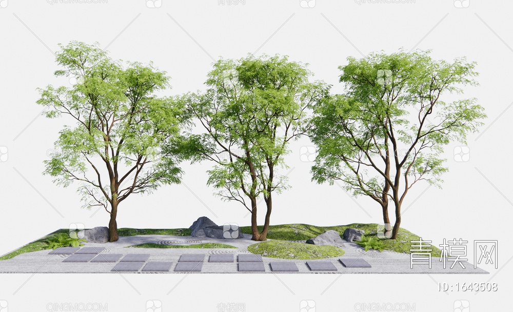 景观树 乔木 庭院造景树 石头SU模型下载【ID:1643508】